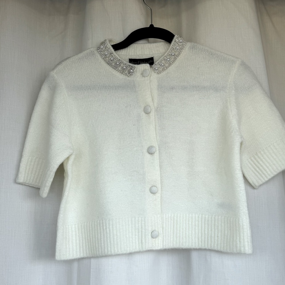 House of Harlowe 1960 cream rhinestone embellished cardigan Size XS